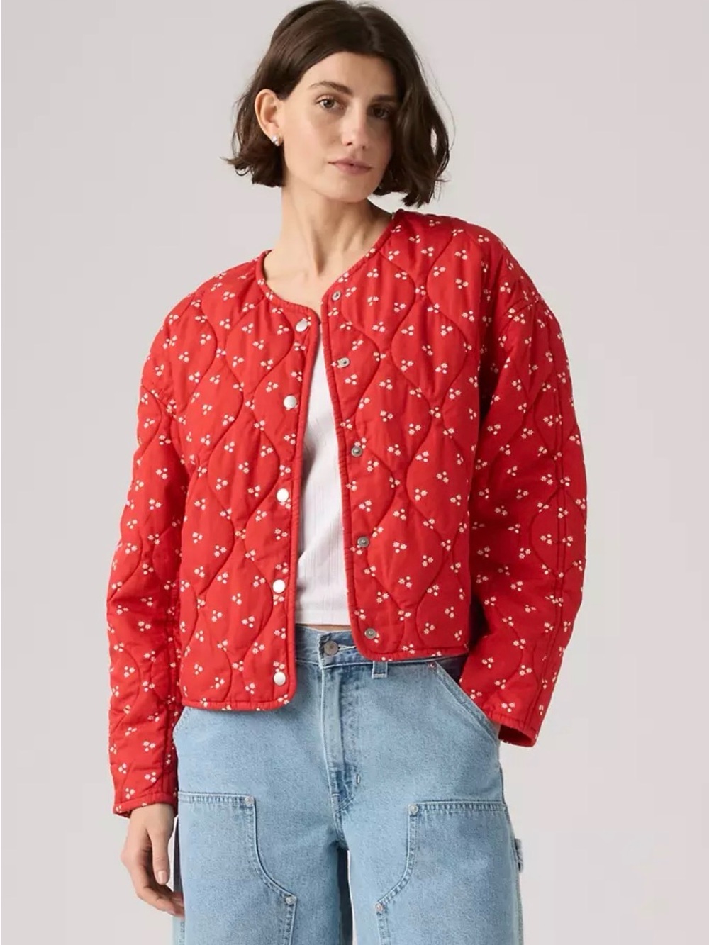Red Quilted Crewneck Jacket - Unbranded